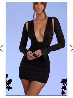 Oh Polly Black Plunge Long Sleeve Mini Dress